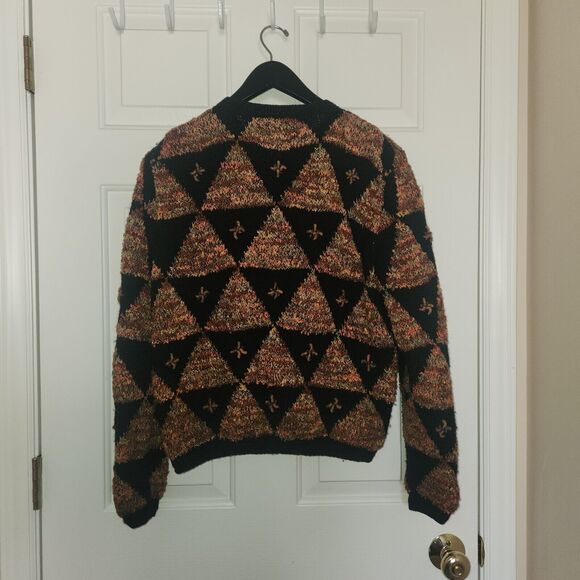 VTG SOUTH WOOL Hand Knit Bolivia Sweater Black Colorful Geo Cardigan Buttons L - Picture 4 of 6